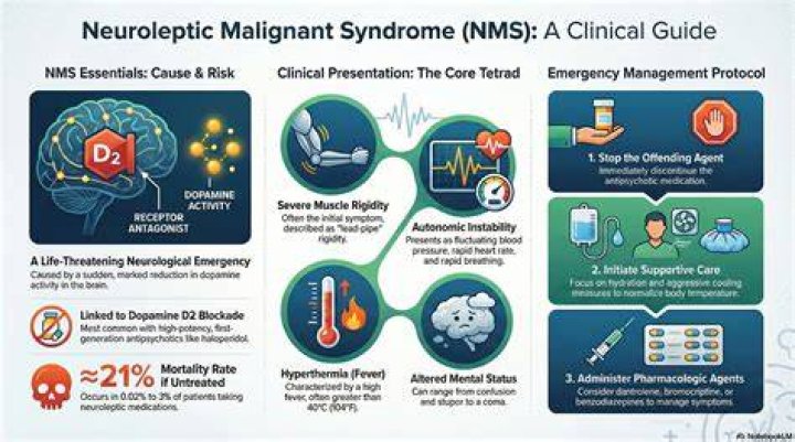 What are the signs and symptoms of neuroleptic malignant syndrome?
